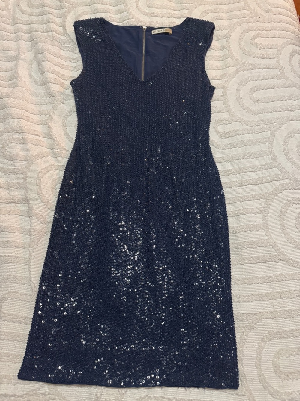 Alice + Olivia Navy Sleeveless Sequin Midi Dress
